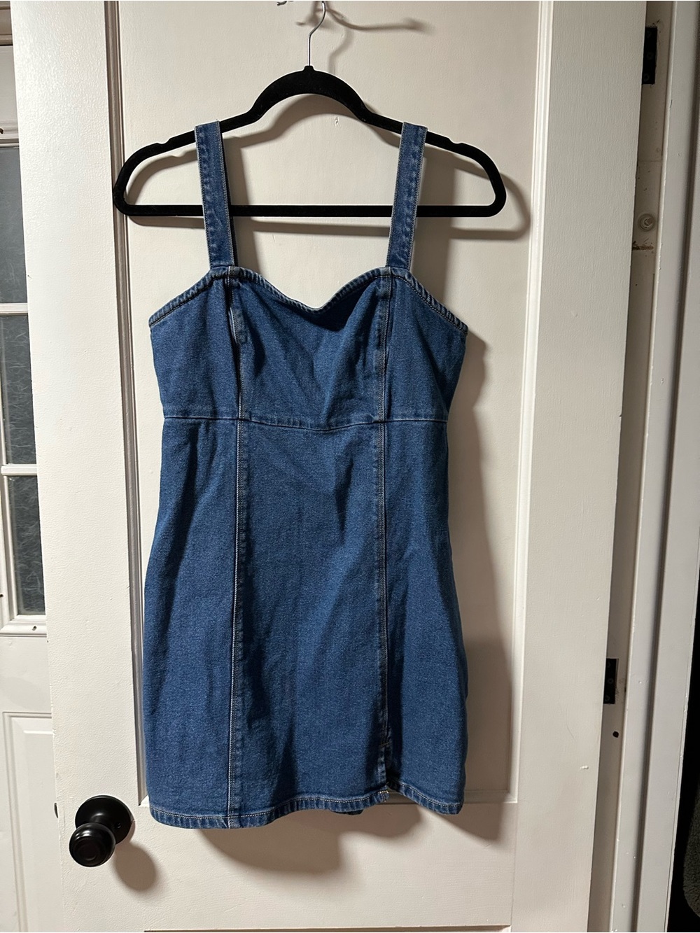 Denim Mini Dress with Sweetheart Neckline - Blue